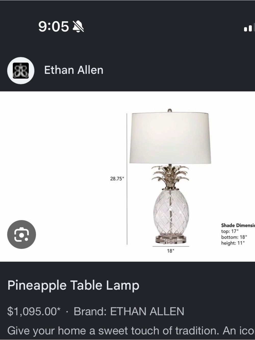 Brand new Ethan Allen Pineapple Lamp in Nickel (sold out)